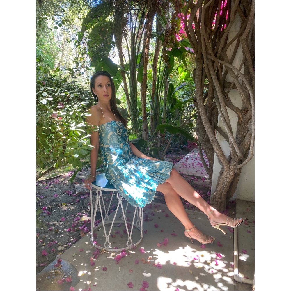 Oscar De La Renta 2000s Blue & White Silk Floral Print Strapless Dress